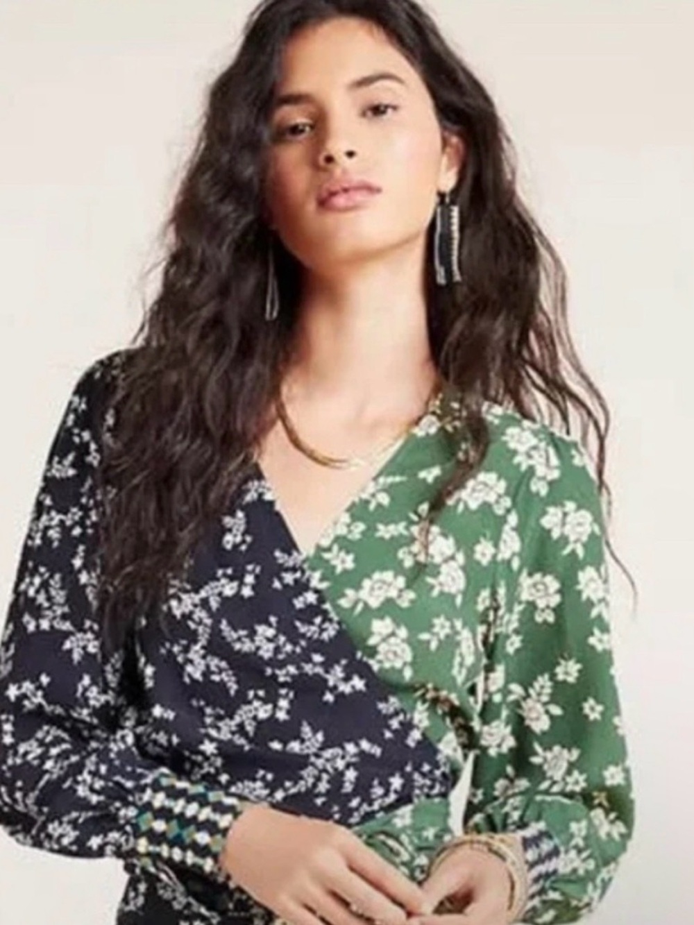 Anthropologie Kachel Blue and Green Floral Wrap Blouse
